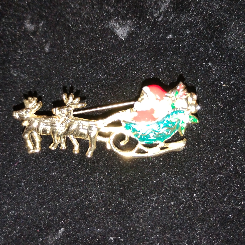 Elegant Gold and Green Santa Sleigh Brooch